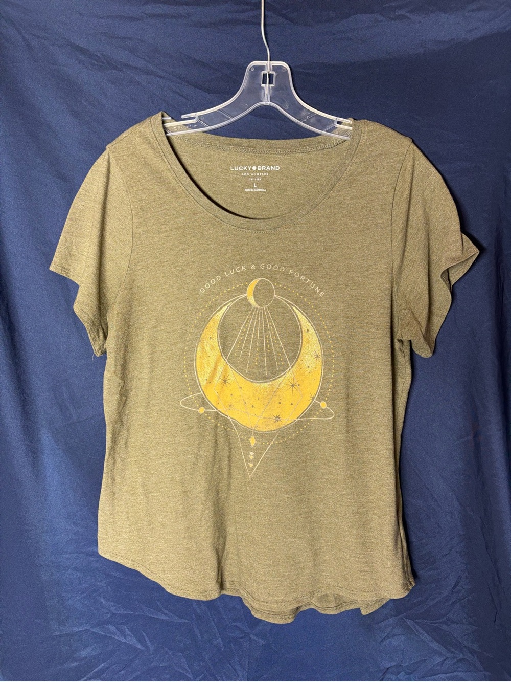 Lucky Brand Olive Green Celestial Graphic Tee Moon Sun Women’s Large